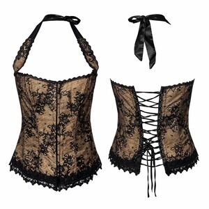 Fredericks of Hollywood Corset Top Gold Black Lace Halter Lace Up Boned Size 40